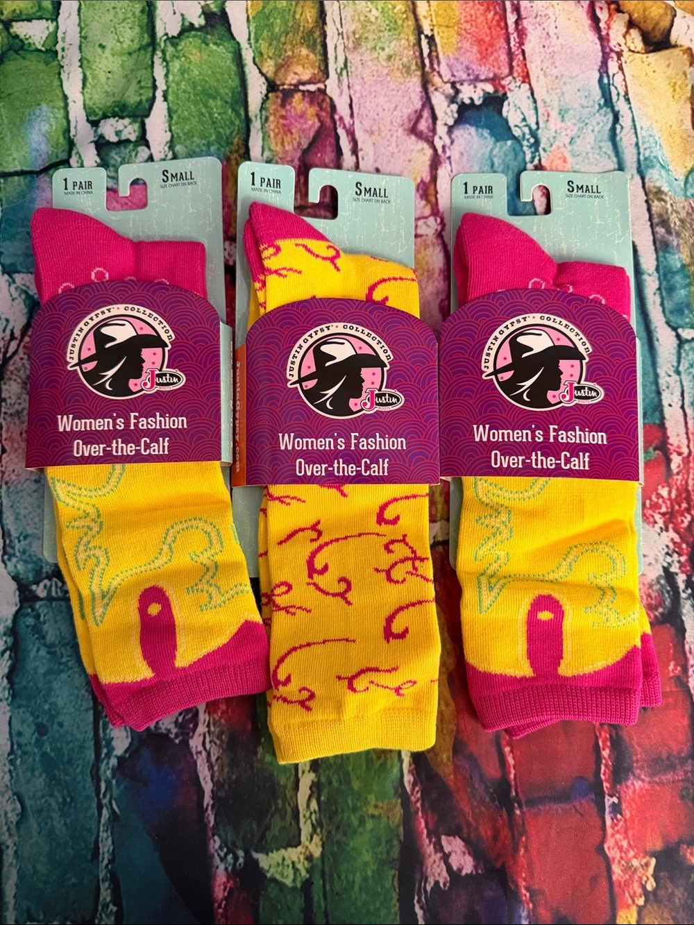 Justin Boots Women's Over-the-Calf Socks in Bright Pink & Yellow